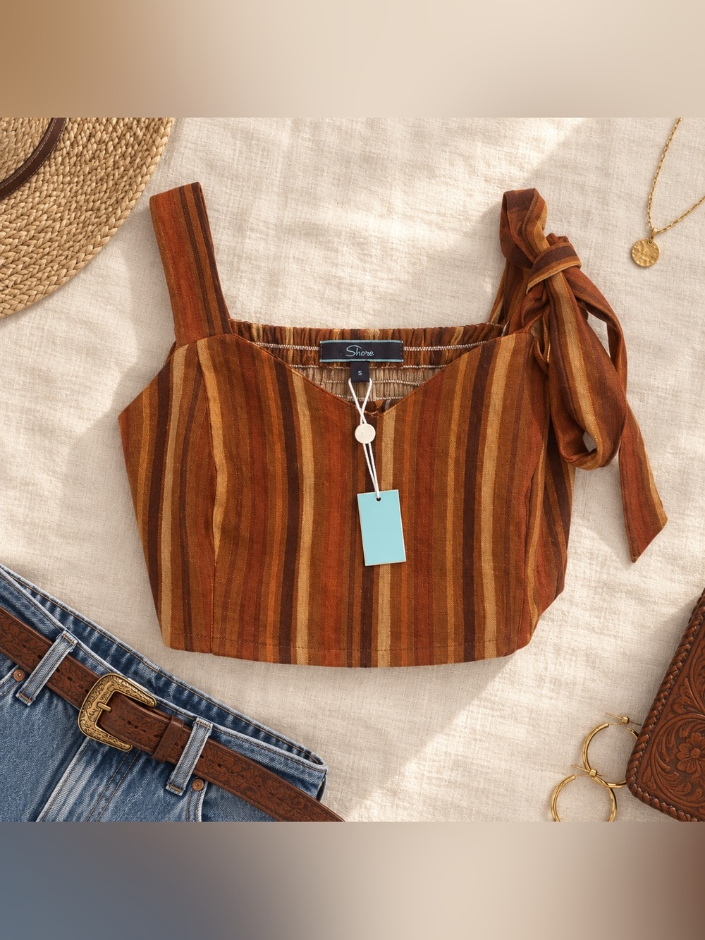 NWT Shore Rust Striped Tie Shoulder Corset Crop Top Boho Western S